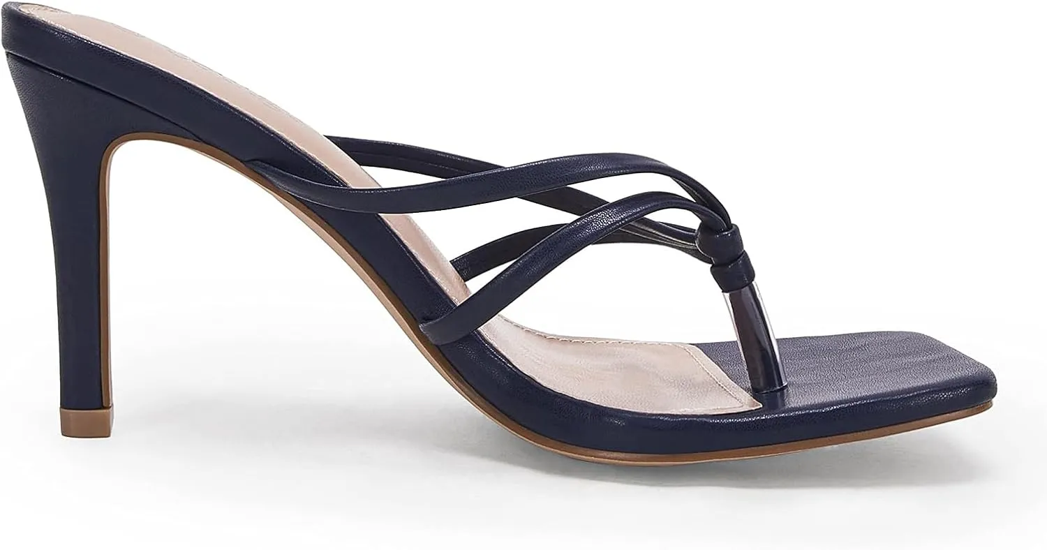 Coutgo Womens Heeled Sandals Strappy Square Toe Flip Flops Fashion Thong Slip on Stiletto Sandals