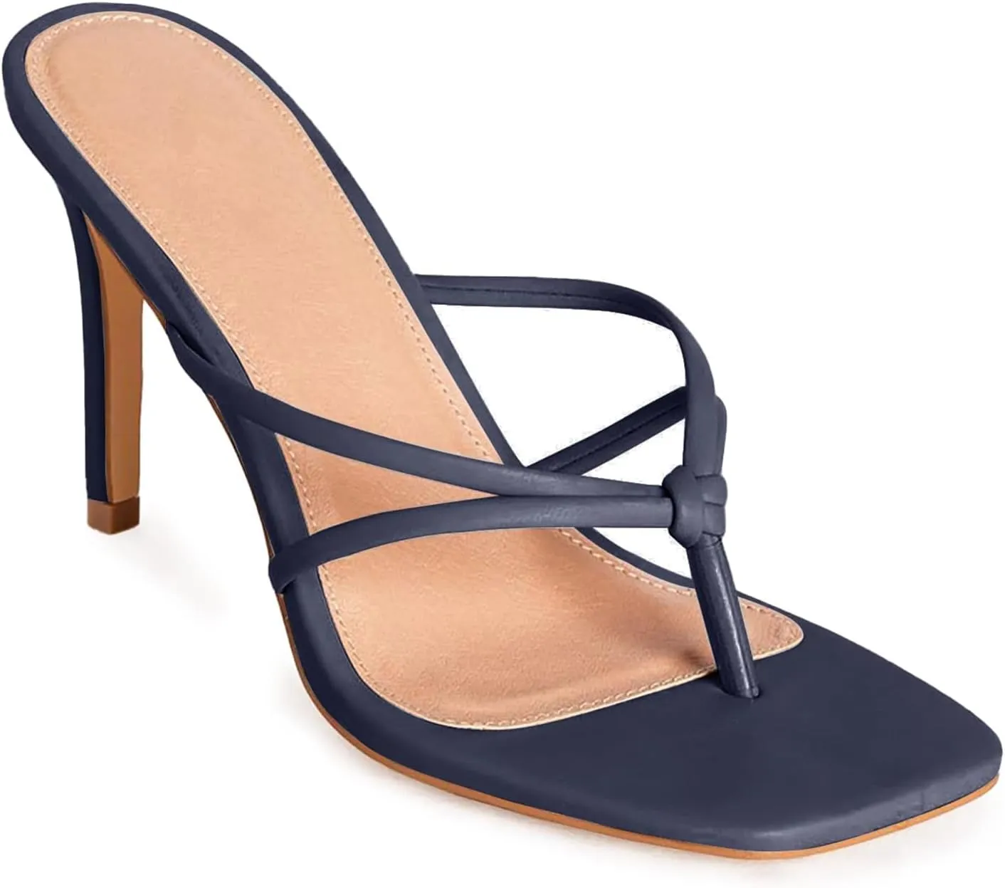 Coutgo Womens Heeled Sandals Strappy Square Toe Flip Flops Fashion Thong Slip on Stiletto Sandals