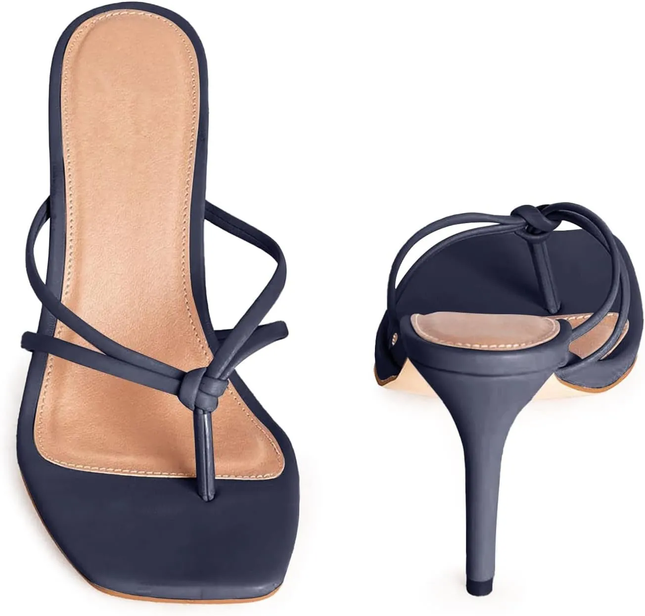 Coutgo Womens Heeled Sandals Strappy Square Toe Flip Flops Fashion Thong Slip on Stiletto Sandals