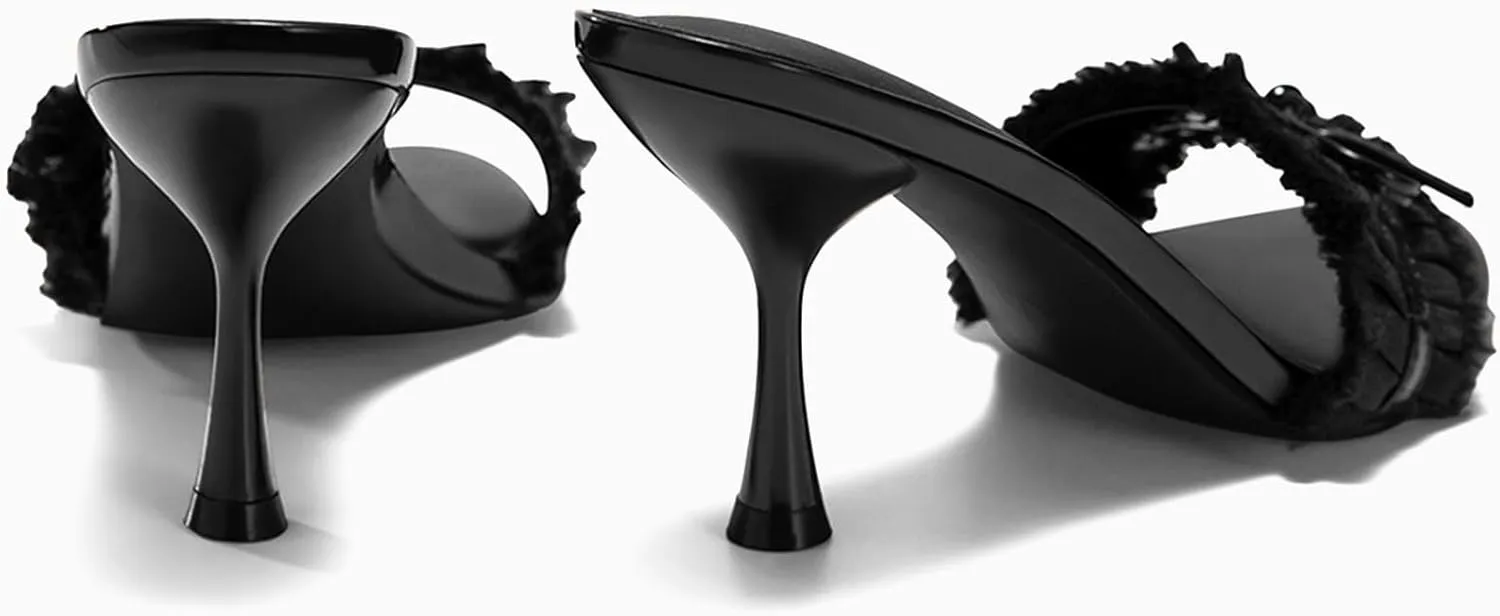 Coutgo Womens High Heels Mules Open Toe Bow Tie Sandals Ruffle Stiletto Slip on Prom Dress Shoes