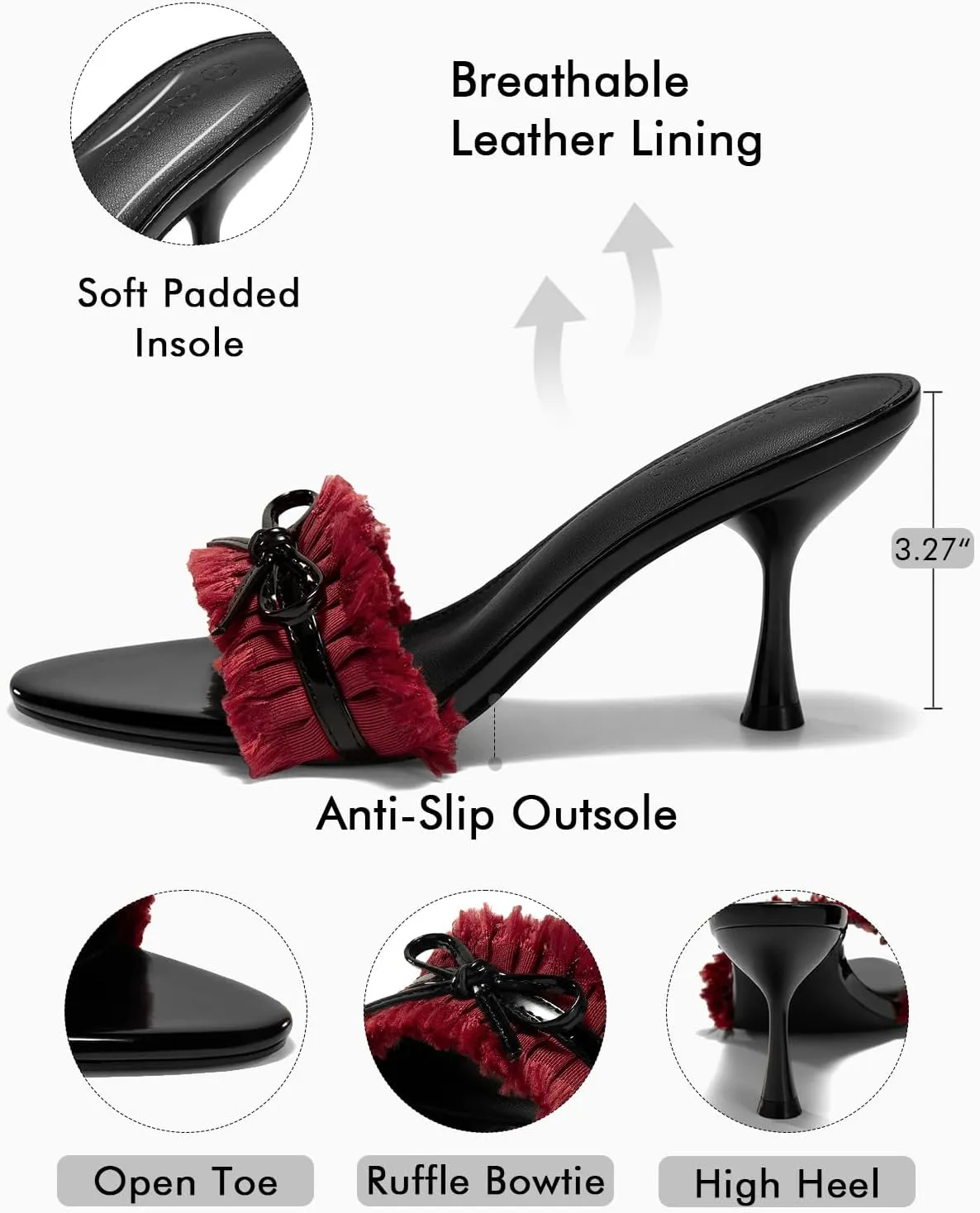 Coutgo Womens High Heels Mules Open Toe Bow Tie Sandals Ruffle Stiletto Slip on Prom Dress Shoes