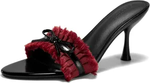 Coutgo Womens High Heels Mules Open Toe Bow Tie Sandals Ruffle Stiletto Slip on Prom Dress Shoes