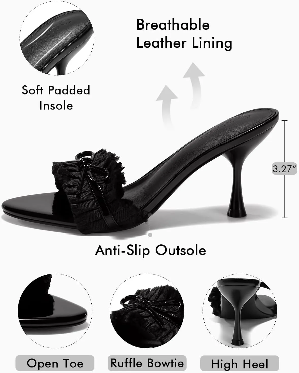 Coutgo Womens High Heels Mules Open Toe Bow Tie Sandals Ruffle Stiletto Slip on Prom Dress Shoes