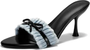 Coutgo Womens High Heels Mules Open Toe Bow Tie Sandals Ruffle Stiletto Slip on Prom Dress Shoes