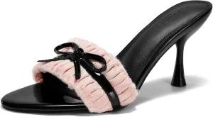 Coutgo Womens High Heels Mules Open Toe Bow Tie Sandals Ruffle Stiletto Slip on Prom Dress Shoes