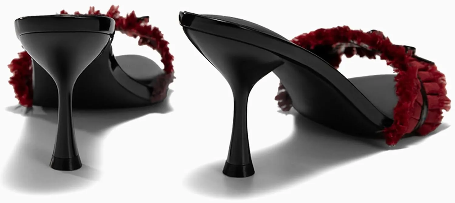 Coutgo Womens High Heels Mules Open Toe Bow Tie Sandals Ruffle Stiletto Slip on Prom Dress Shoes