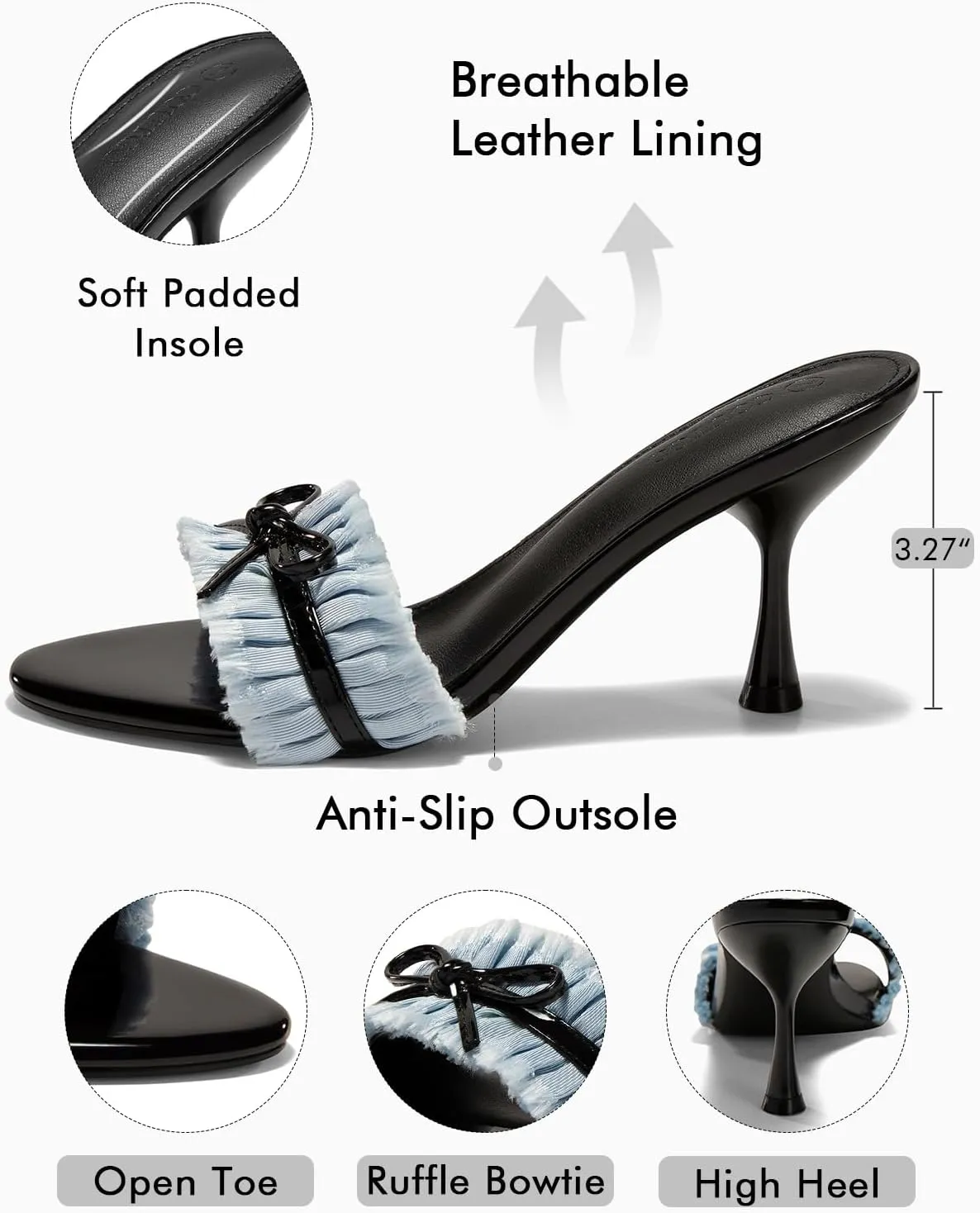 Coutgo Womens High Heels Mules Open Toe Bow Tie Sandals Ruffle Stiletto Slip on Prom Dress Shoes