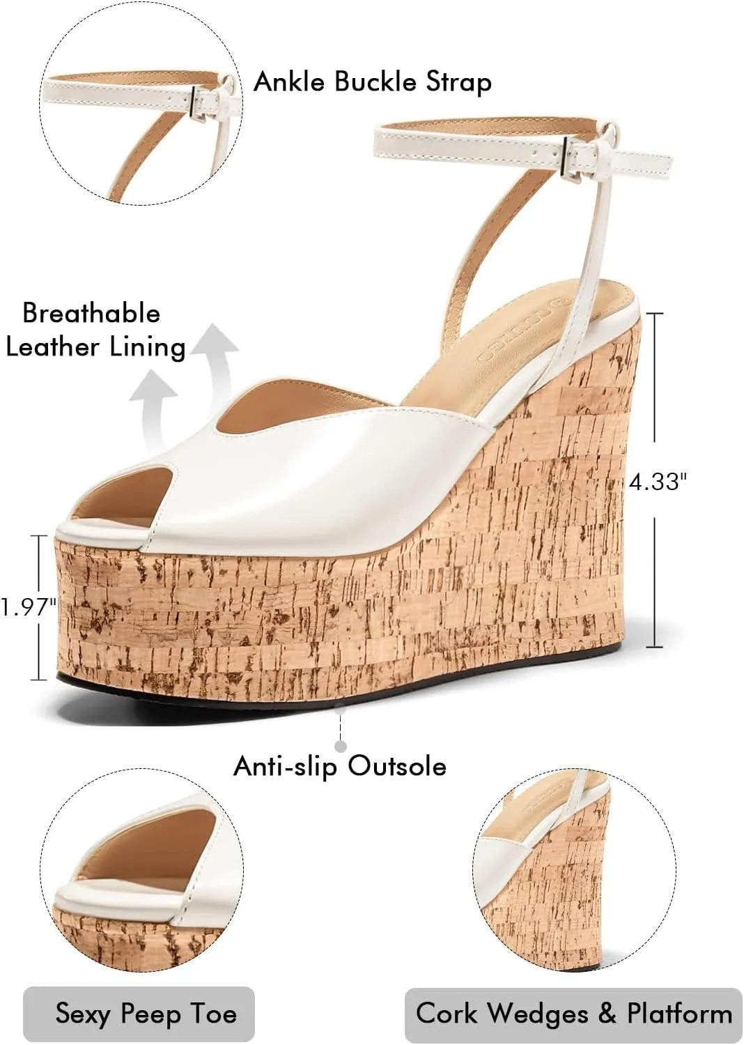 Coutgo Womens Platform Wedge Sandals Cork Dressy Peep Toe Ankle Buckle Strap High Heels Summer Shoes