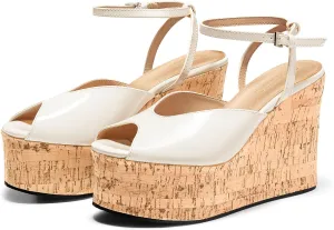 Coutgo Womens Platform Wedge Sandals Cork Dressy Peep Toe Ankle Buckle Strap High Heels Summer Shoes