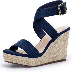 Coutgo Women's Wedge Sandals Cross Strap Espadrille Platform Ankle Buckle Summer Casual Shoes