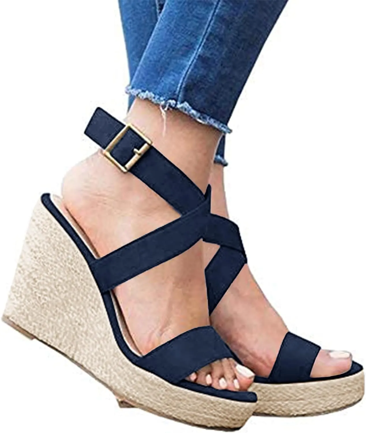 Coutgo Women's Wedge Sandals Cross Strap Espadrille Platform Ankle Buckle Summer Casual Shoes