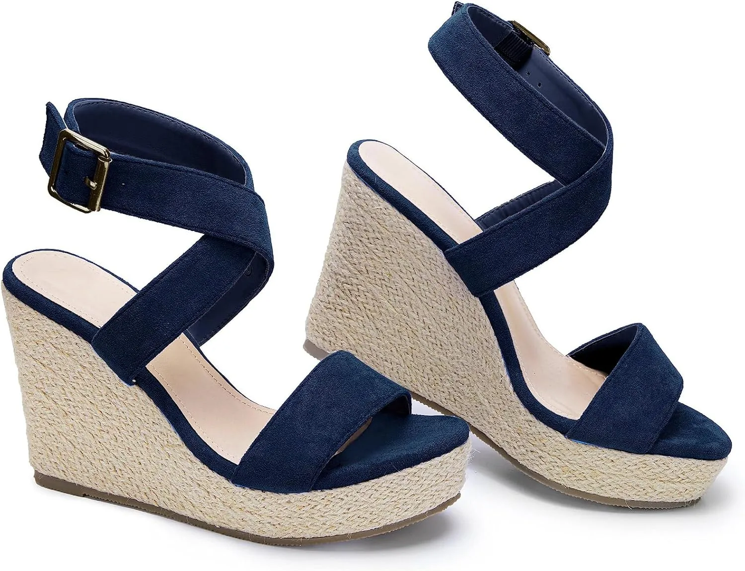 Coutgo Women's Wedge Sandals Cross Strap Espadrille Platform Ankle Buckle Summer Casual Shoes