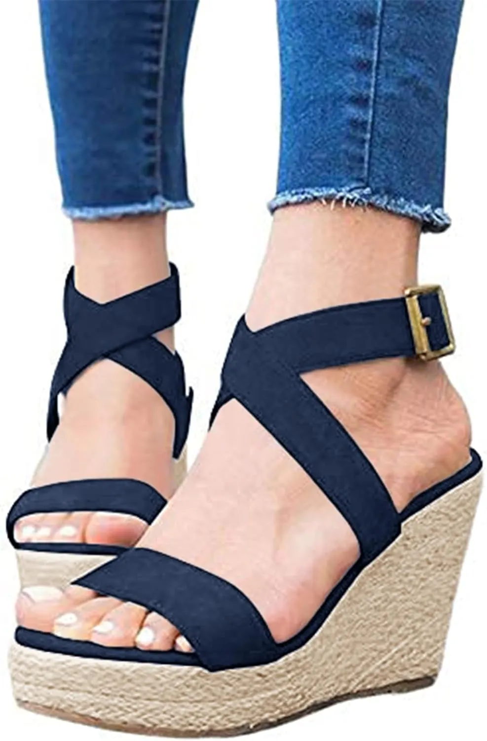 Coutgo Women's Wedge Sandals Cross Strap Espadrille Platform Ankle Buckle Summer Casual Shoes