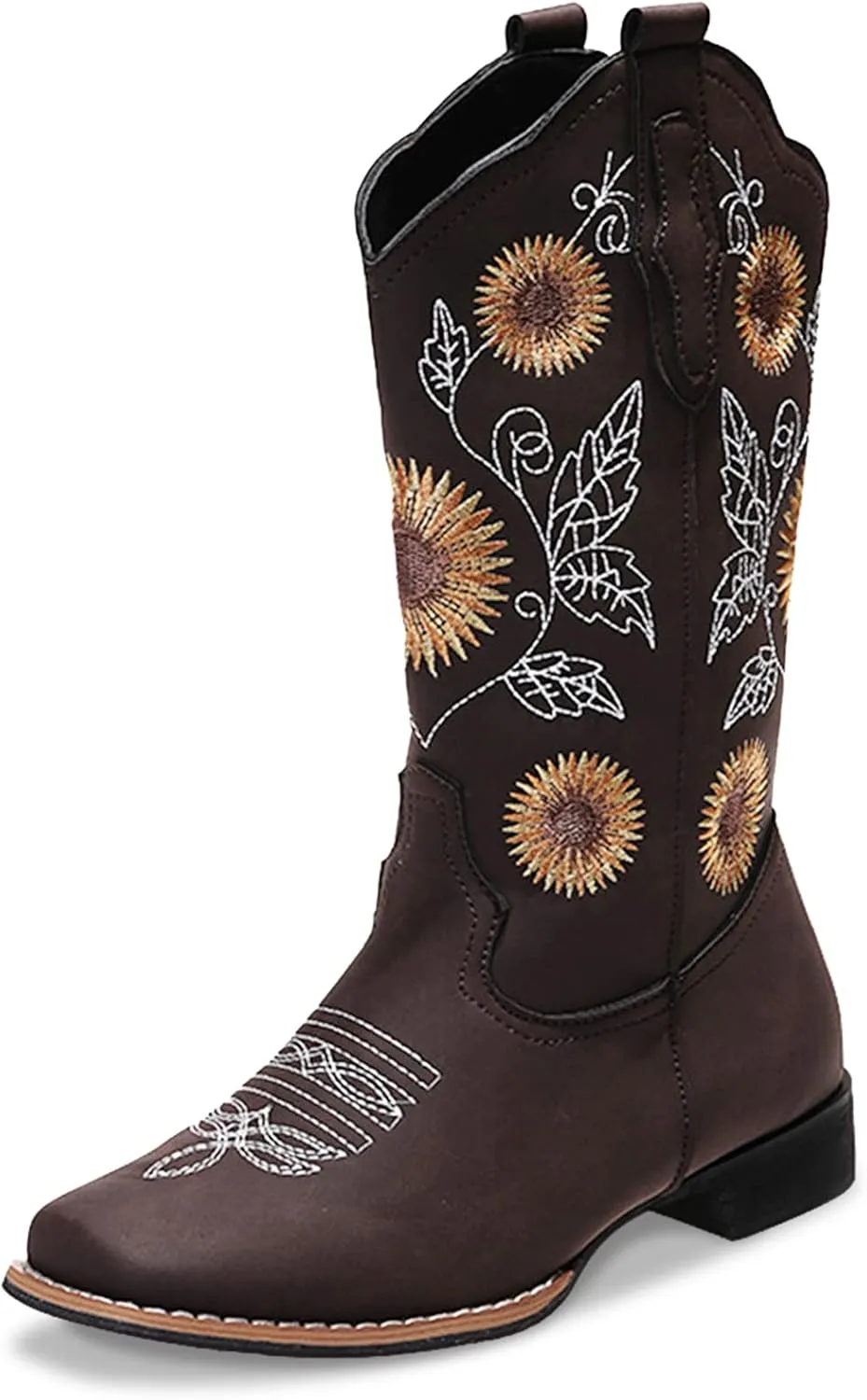 Cowboy Boots Women Sunflower Embroidered Western Cowgirl Boots Square Toe Tall for All Season Occasions, Brown