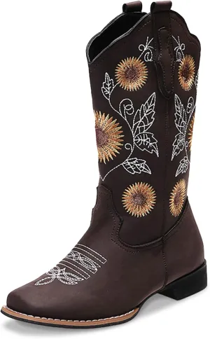 Cowboy Boots Women Sunflower Embroidered Western Cowgirl Boots Square Toe Tall for All Season Occasions, Brown