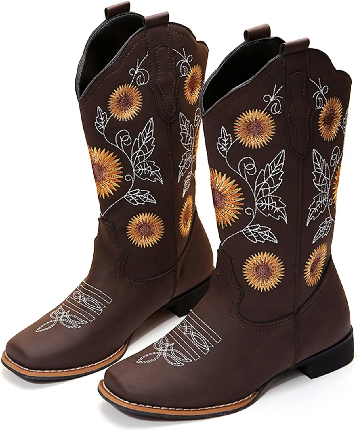 Cowboy Boots Women Sunflower Embroidered Western Cowgirl Boots Square Toe Tall for All Season Occasions, Brown