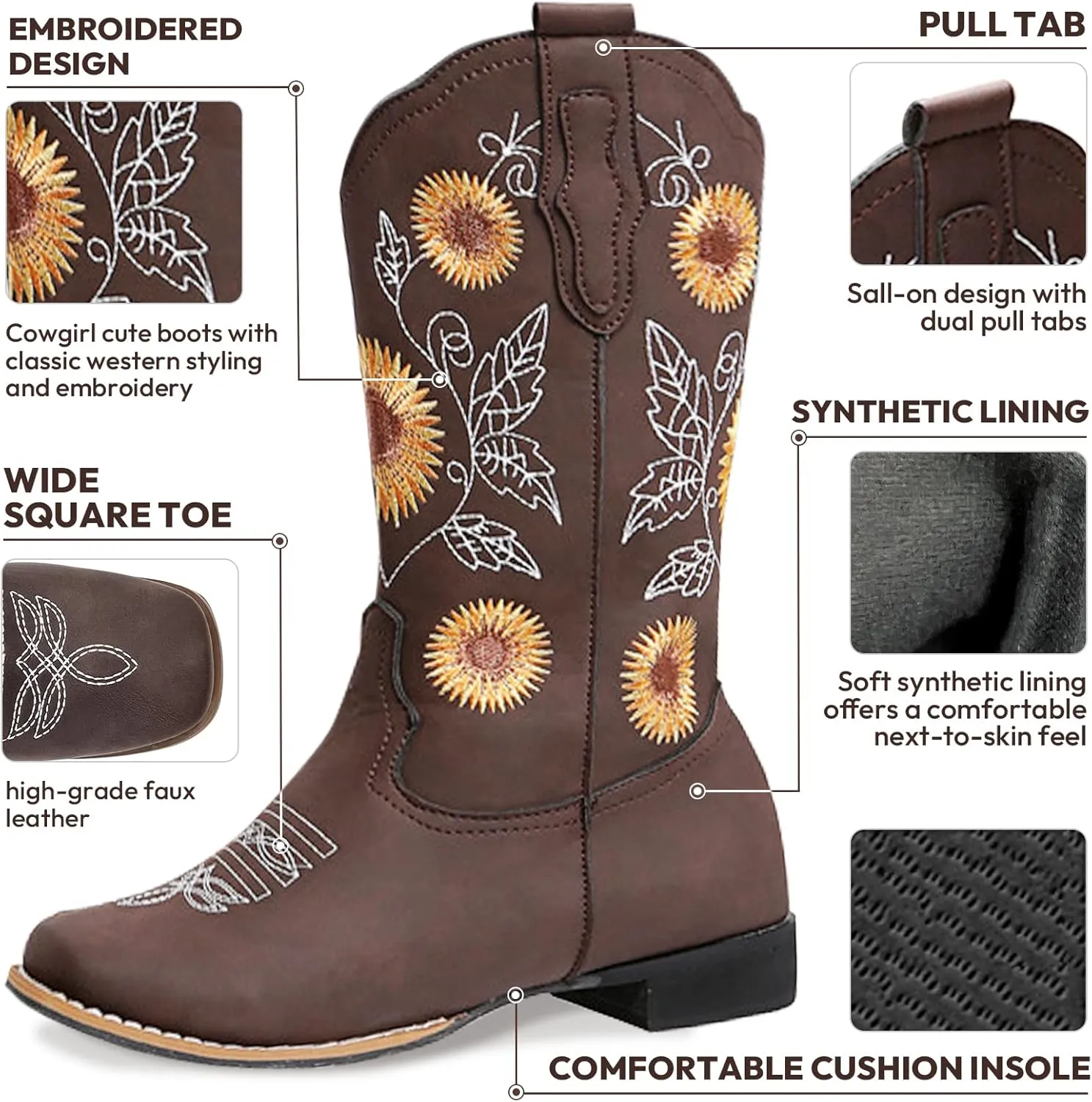 Cowboy Boots Women Sunflower Embroidered Western Cowgirl Boots Square Toe Tall for All Season Occasions, Brown