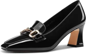 DearOnly Heeled Loafers for Women Square Toe Chunky Block Mid Heel Pumps Slip-on Metal Chain Work Office Dress Shoes 2.8 Inches Heels