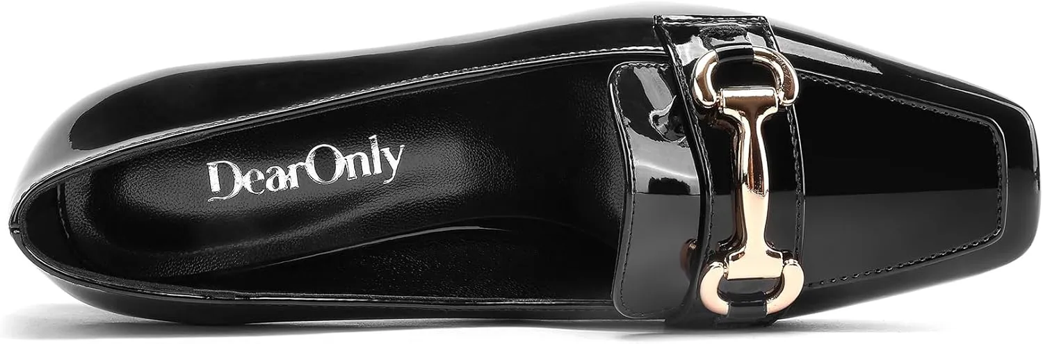 DearOnly Heeled Loafers for Women Square Toe Chunky Block Mid Heel Pumps Slip-on Metal Chain Work Office Dress Shoes 2.8 Inches Heels