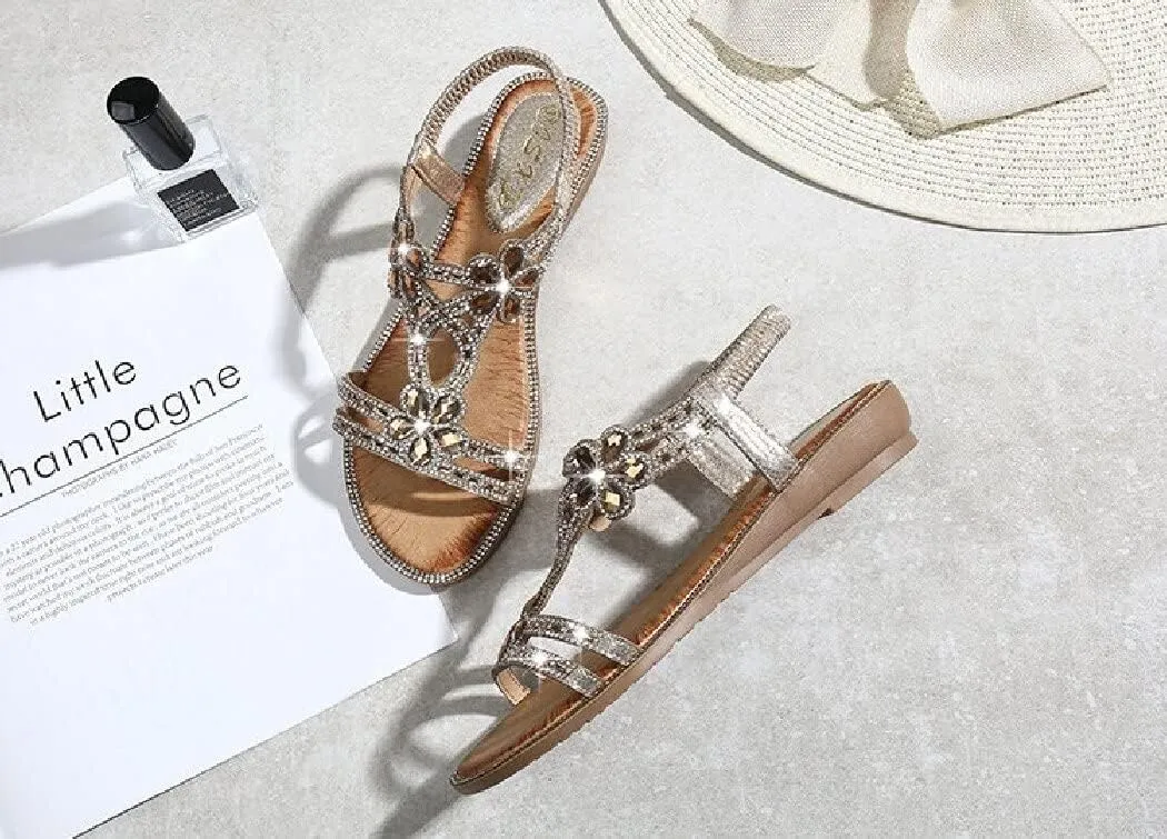 DKCHENH Rhinestone Sandals for Women Flat - Trendy Sparkling Boho Ladies' Flat Sandals,Beautiful Sparkling Boho Ladies' Flat Sandals for Summer.
