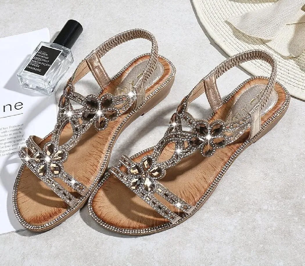 DKCHENH Rhinestone Sandals for Women Flat - Trendy Sparkling Boho Ladies' Flat Sandals,Beautiful Sparkling Boho Ladies' Flat Sandals for Summer.