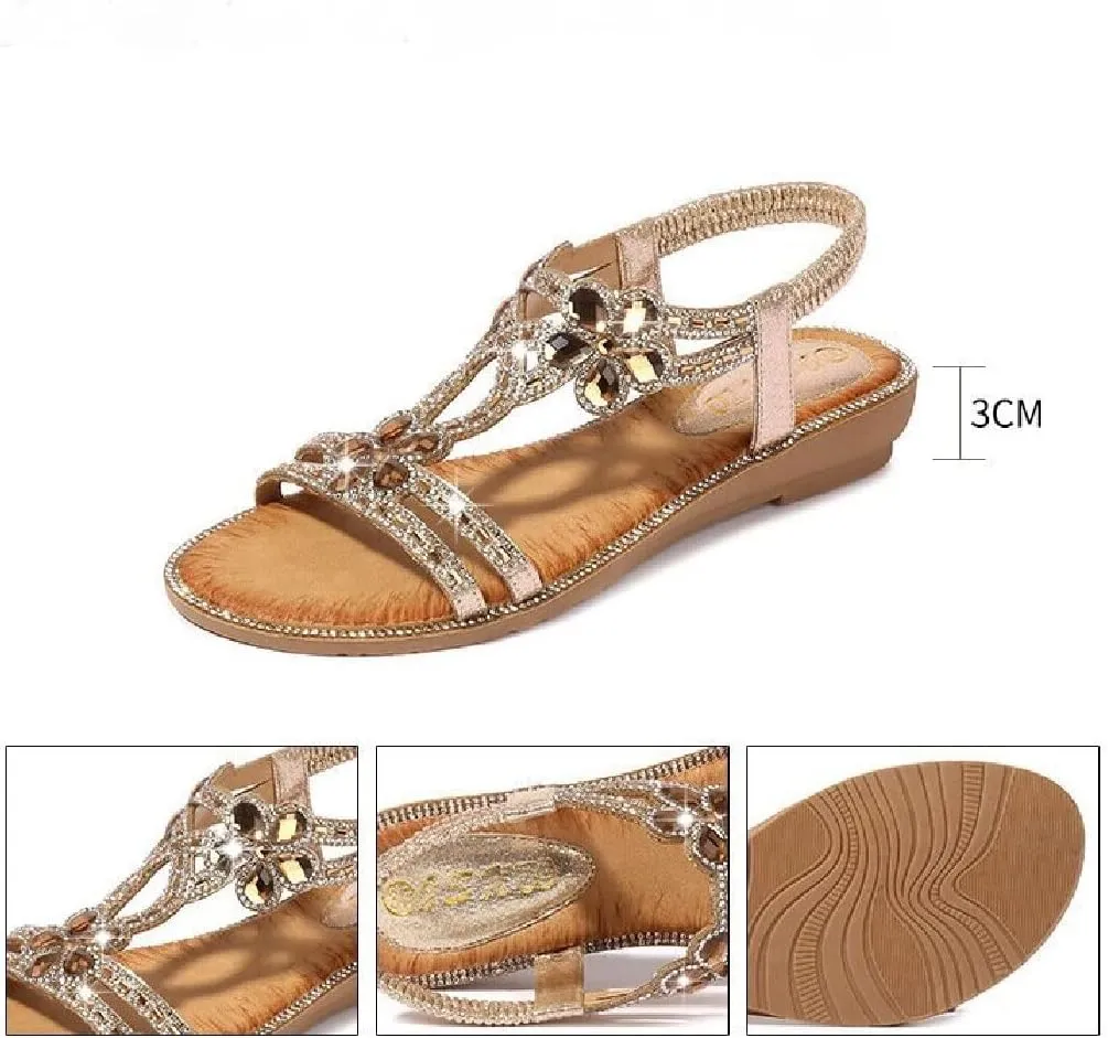 DKCHENH Rhinestone Sandals for Women Flat - Trendy Sparkling Boho Ladies' Flat Sandals,Beautiful Sparkling Boho Ladies' Flat Sandals for Summer.