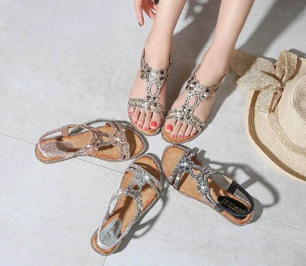 DKCHENH Rhinestone Sandals for Women Flat - Trendy Sparkling Boho Ladies' Flat Sandals,Beautiful Sparkling Boho Ladies' Flat Sandals for Summer.