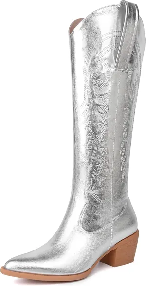 DOBOYG Women Cowboy Boots Western Embroidered Knee High Wide Calf Country Boots Chunky Heel Retro Classic Pull On Tall Cowgirl Boots for Women Perfect for Country Concert Outfits