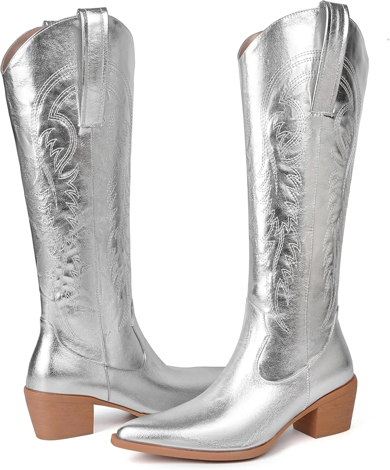 DOBOYG Women Cowboy Boots Western Embroidered Knee High Wide Calf Country Boots Chunky Heel Retro Classic Pull On Tall Cowgirl Boots for Women Perfect for Country Concert Outfits