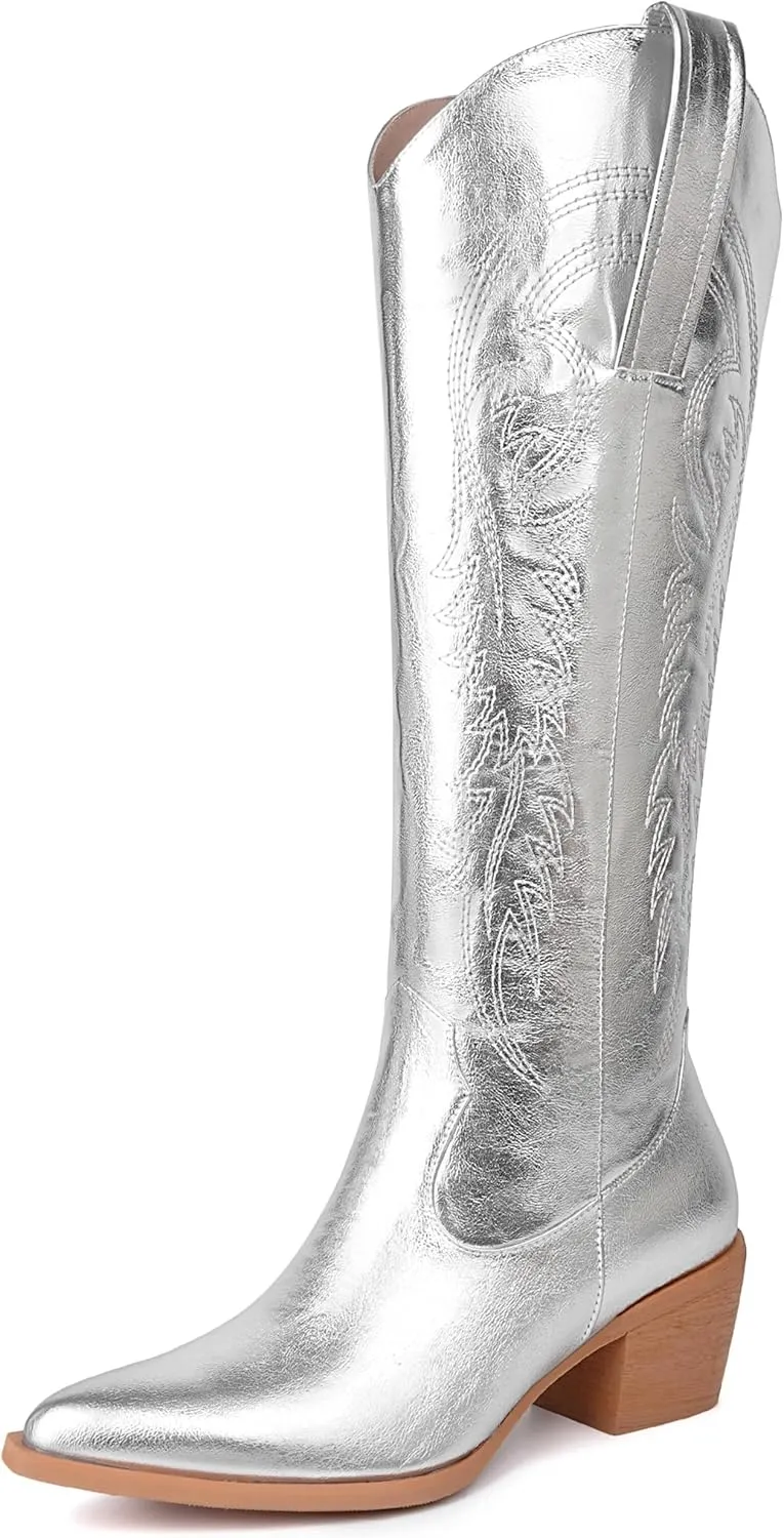 DOBOYG Women Cowboy Boots Western Embroidered Knee High Wide Calf Country Boots Chunky Heel Retro Classic Pull On Tall Cowgirl Boots for Women Perfect for Country Concert Outfits