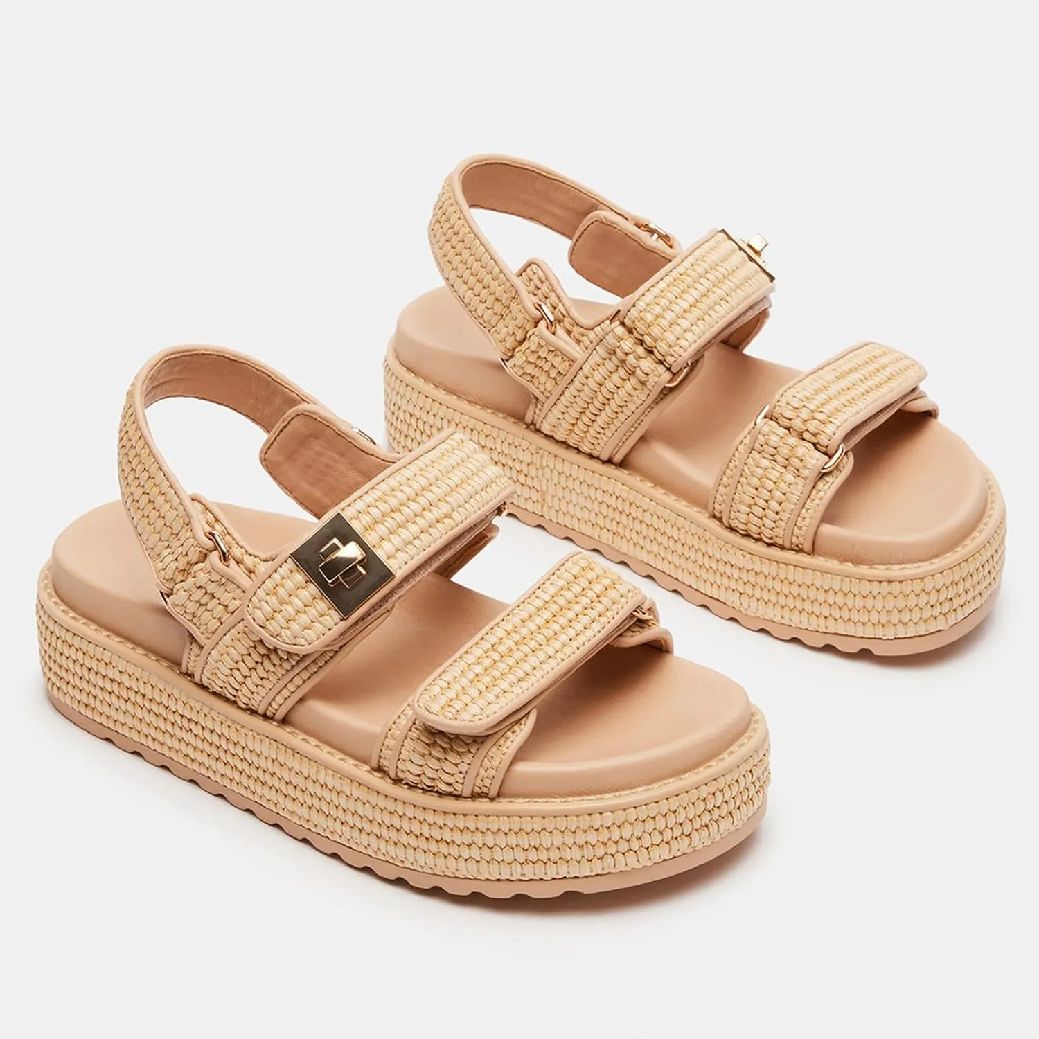 DOEYG Raffia Platform Sandals for Women Comfortable Casual Adjustable Buckle Strap Summer Open Toe Woven Slingback Beach Sandals