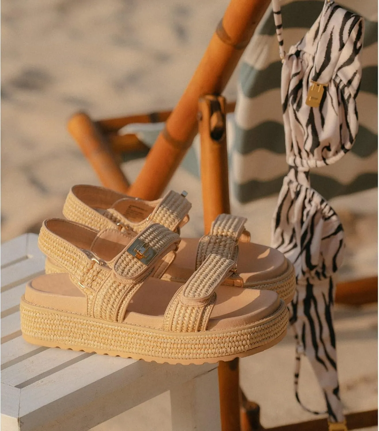 DOEYG Raffia Platform Sandals for Women Comfortable Casual Adjustable Buckle Strap Summer Open Toe Woven Slingback Beach Sandals