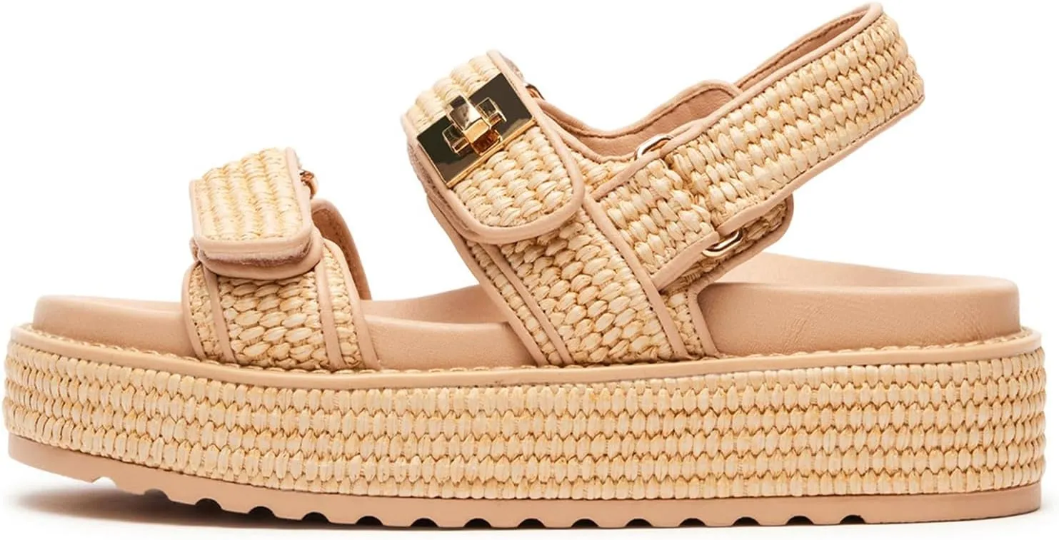 DOEYG Raffia Platform Sandals for Women Comfortable Casual Adjustable Buckle Strap Summer Open Toe Woven Slingback Beach Sandals