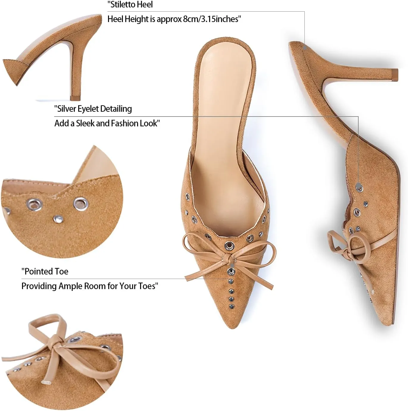 DOEYG Women Pointed Toe Bow Heels Mules Slip on Stiletto Heels Sandals Dress Party Wedding Studded Heels Pumps
