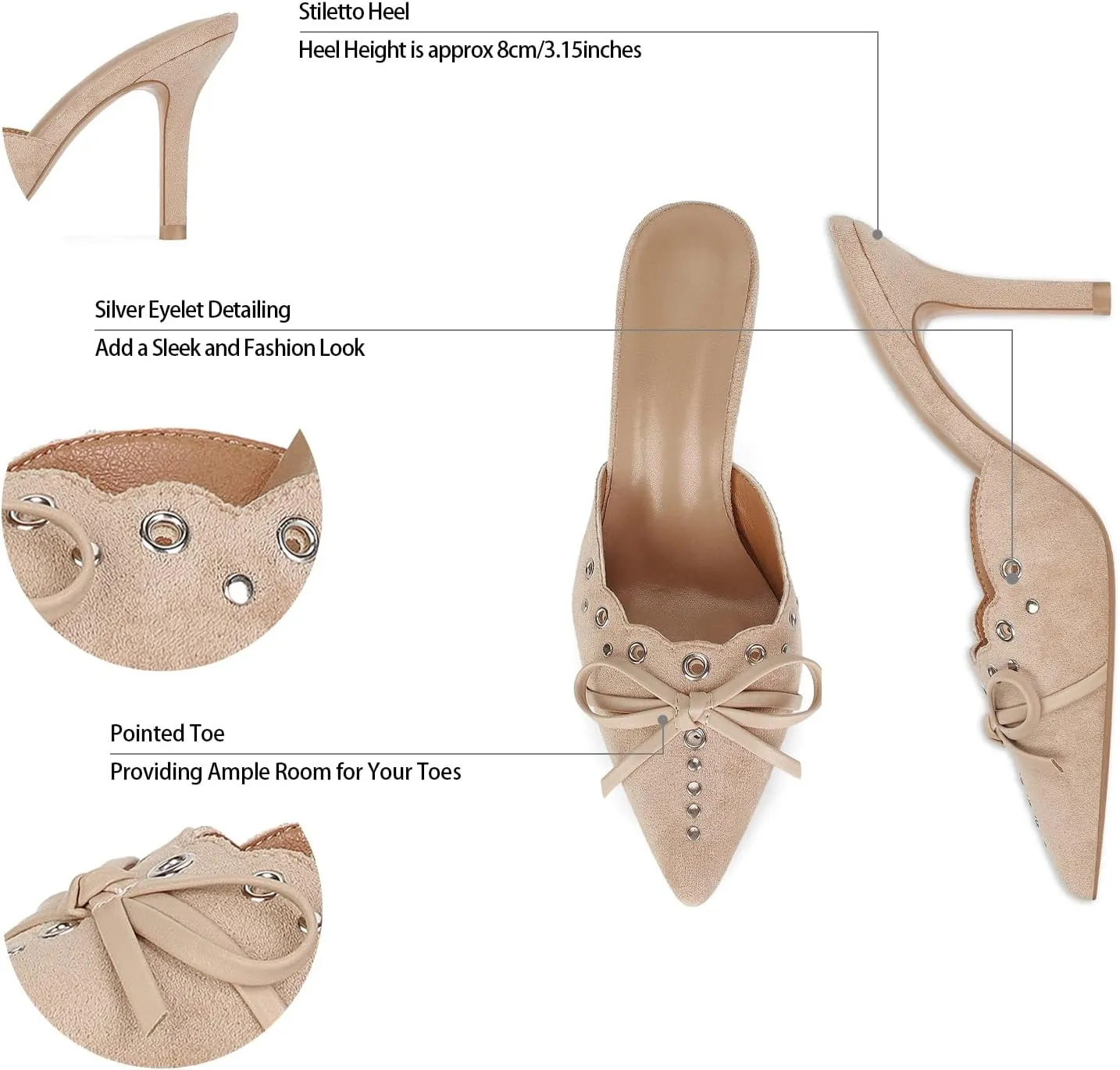 DOEYG Women Pointed Toe Bow Heels Mules Slip on Stiletto Heels Sandals Dress Party Wedding Studded Heels Pumps