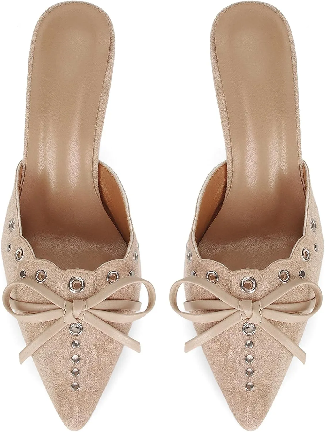 DOEYG Women Pointed Toe Bow Heels Mules Slip on Stiletto Heels Sandals Dress Party Wedding Studded Heels Pumps