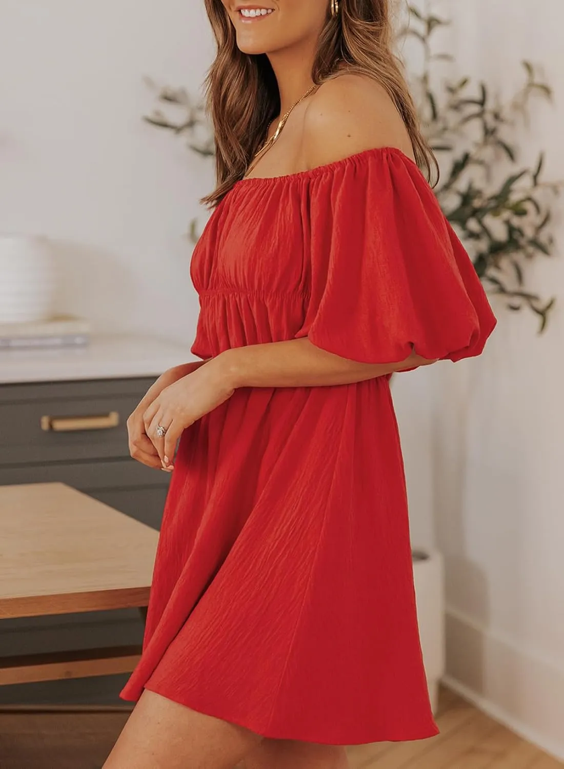 Dokotoo Womens Off The Shoulder Summer Dresses 2025 Short Lantern Sleeve Ruffle Elastic Waist A-Line Casual Mini Dress