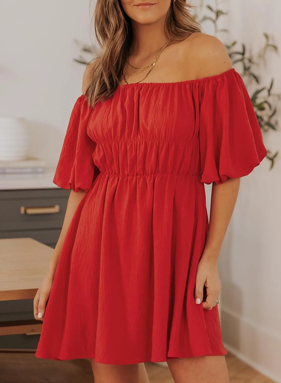 Dokotoo Womens Off The Shoulder Summer Dresses 2025 Short Lantern Sleeve Ruffle Elastic Waist A-Line Casual Mini Dress