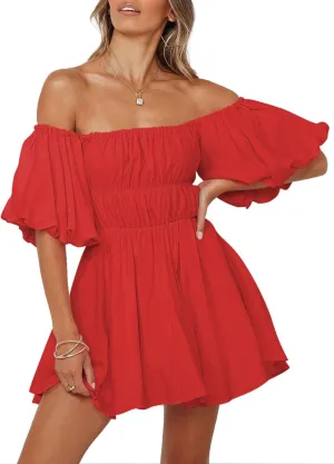 Dokotoo Womens Off The Shoulder Summer Dresses 2025 Short Lantern Sleeve Ruffle Elastic Waist A-Line Casual Mini Dress