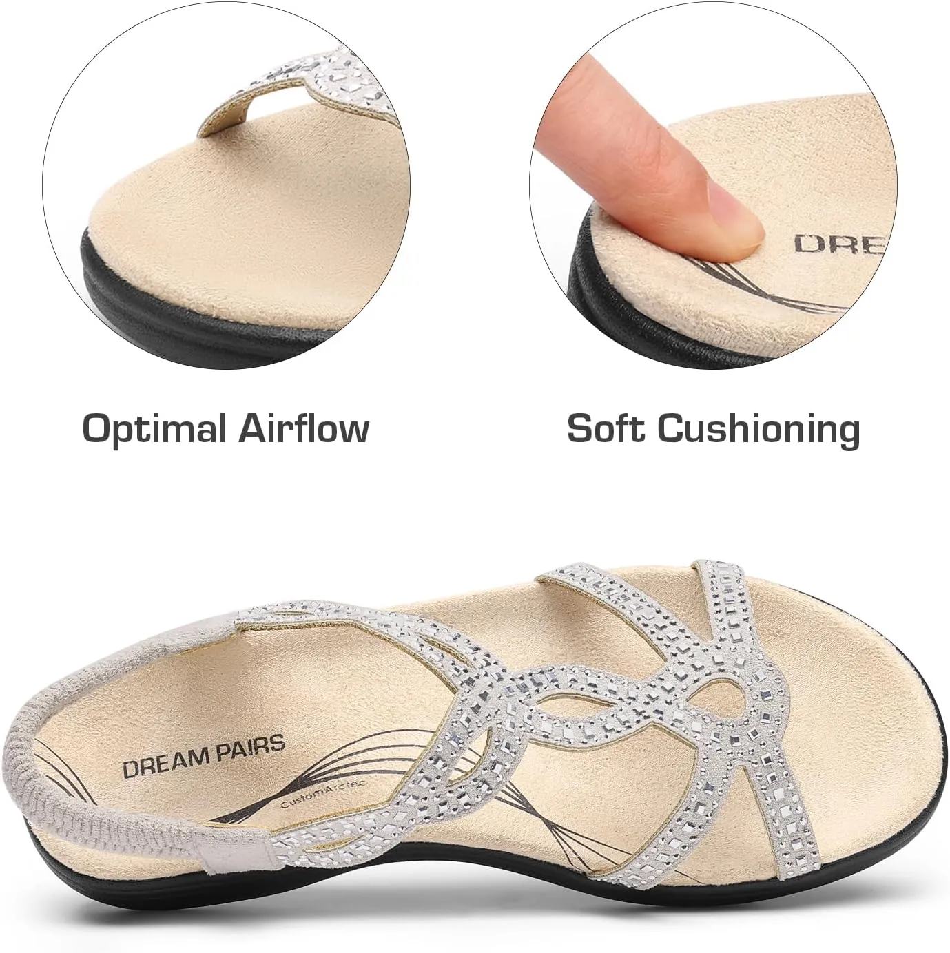 DREAM PAIRS Women's Comfort Dressy Rhinestone Summer Beach Sandals Slip-on Flat Walking Orthopedic Sandals with Elastica Back Strap