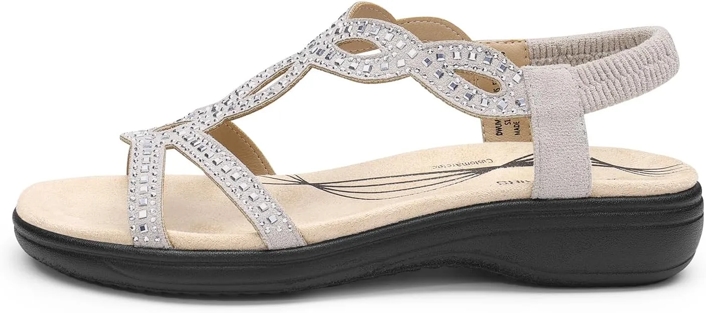 DREAM PAIRS Women's Comfort Dressy Rhinestone Summer Beach Sandals Slip-on Flat Walking Orthopedic Sandals with Elastica Back Strap