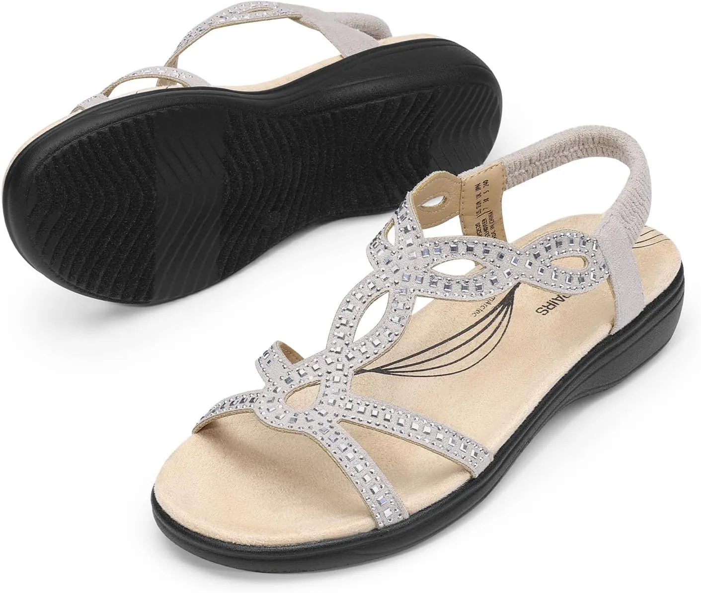 DREAM PAIRS Women's Comfort Dressy Rhinestone Summer Beach Sandals Slip-on Flat Walking Orthopedic Sandals with Elastica Back Strap