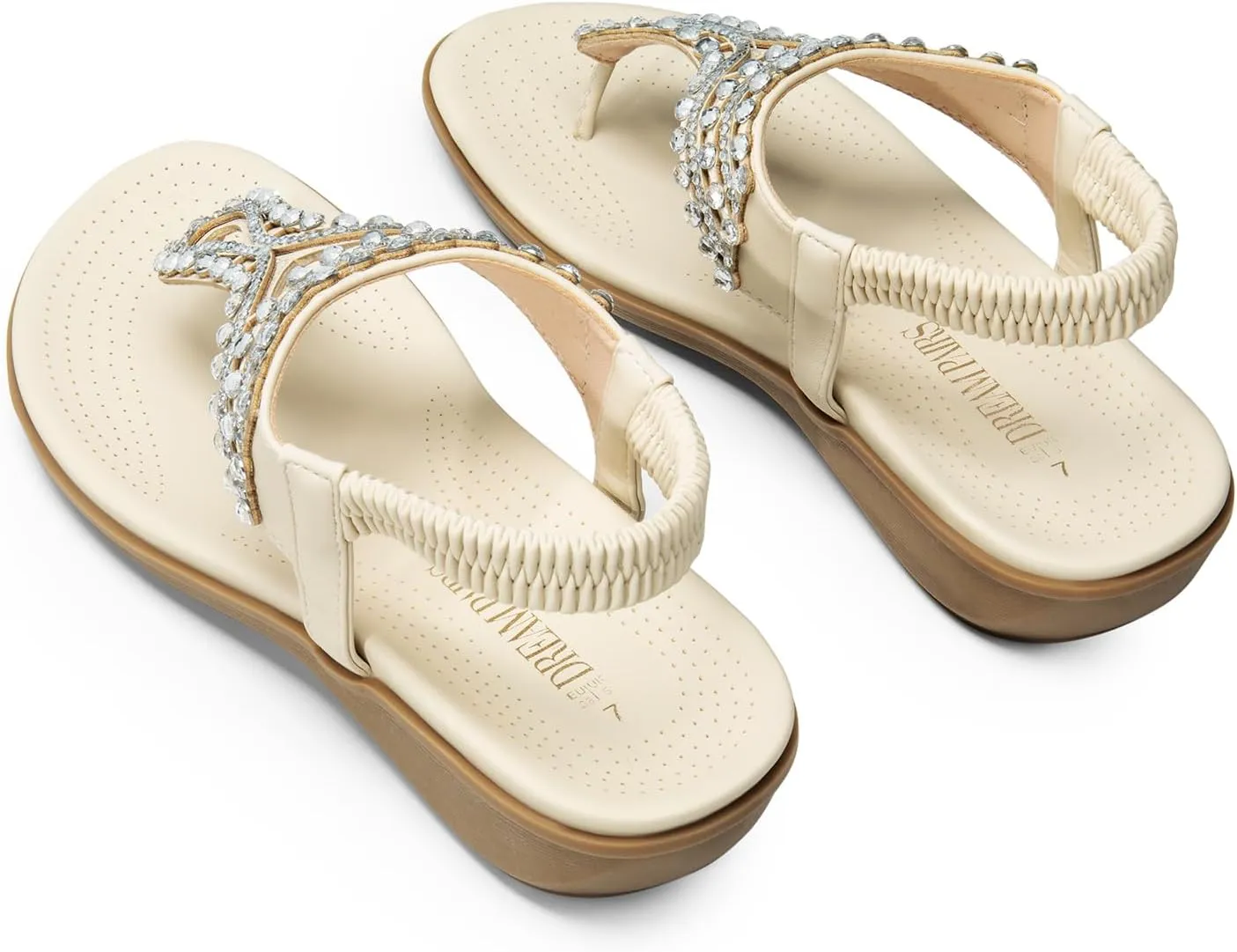 DREAM PAIRS Women's Comfortable Dressy Flat Sandals Rhinestone Elastic T-Strap Thong Sandals for Summer Beach