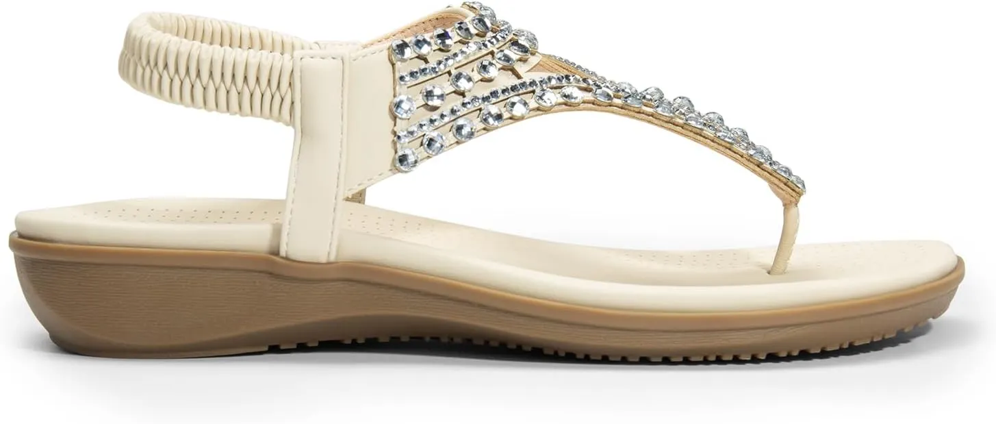 DREAM PAIRS Women's Comfortable Dressy Flat Sandals Rhinestone Elastic T-Strap Thong Sandals for Summer Beach