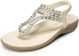 DREAM PAIRS Women's Comfortable Dressy Flat Sandals Rhinestone Elastic T-Strap Thong Sandals for Summer Beach
