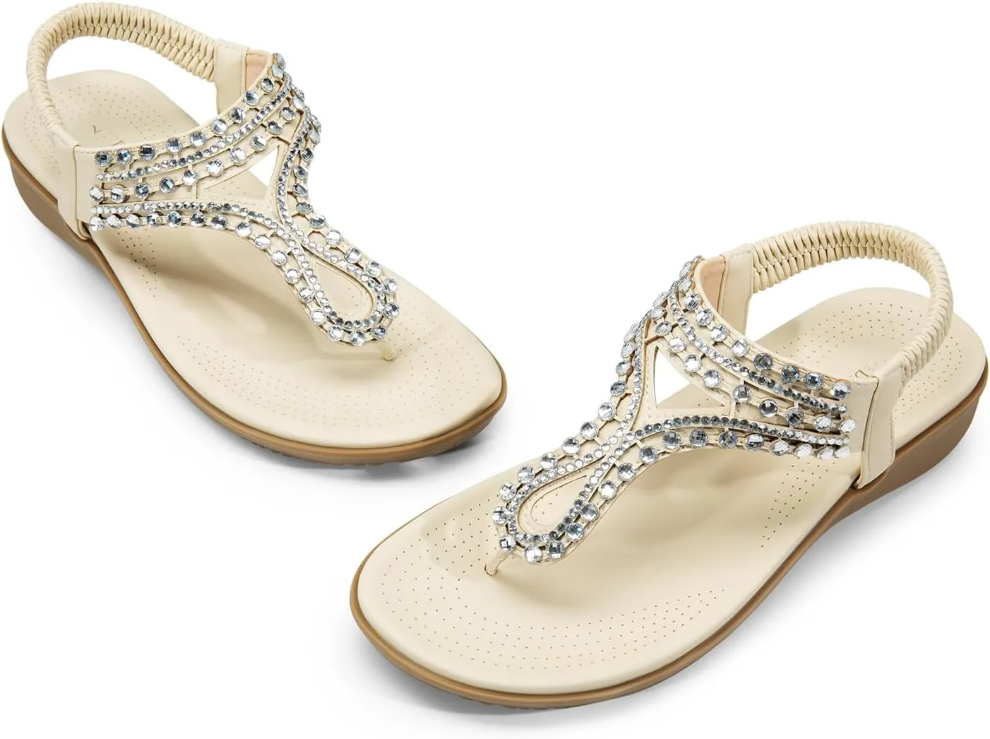 DREAM PAIRS Women's Comfortable Dressy Flat Sandals Rhinestone Elastic T-Strap Thong Sandals for Summer Beach