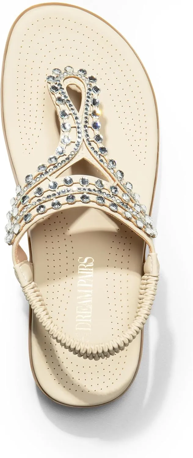 DREAM PAIRS Women's Comfortable Dressy Flat Sandals Rhinestone Elastic T-Strap Thong Sandals for Summer Beach