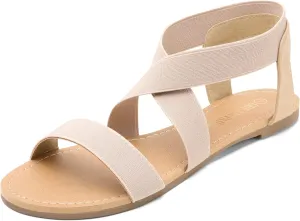 DREAM PAIRS Women's Elastic Ankle Strap Flat Sandals Summer Dressy Shoes Cute Strappy Gladiator Sandals