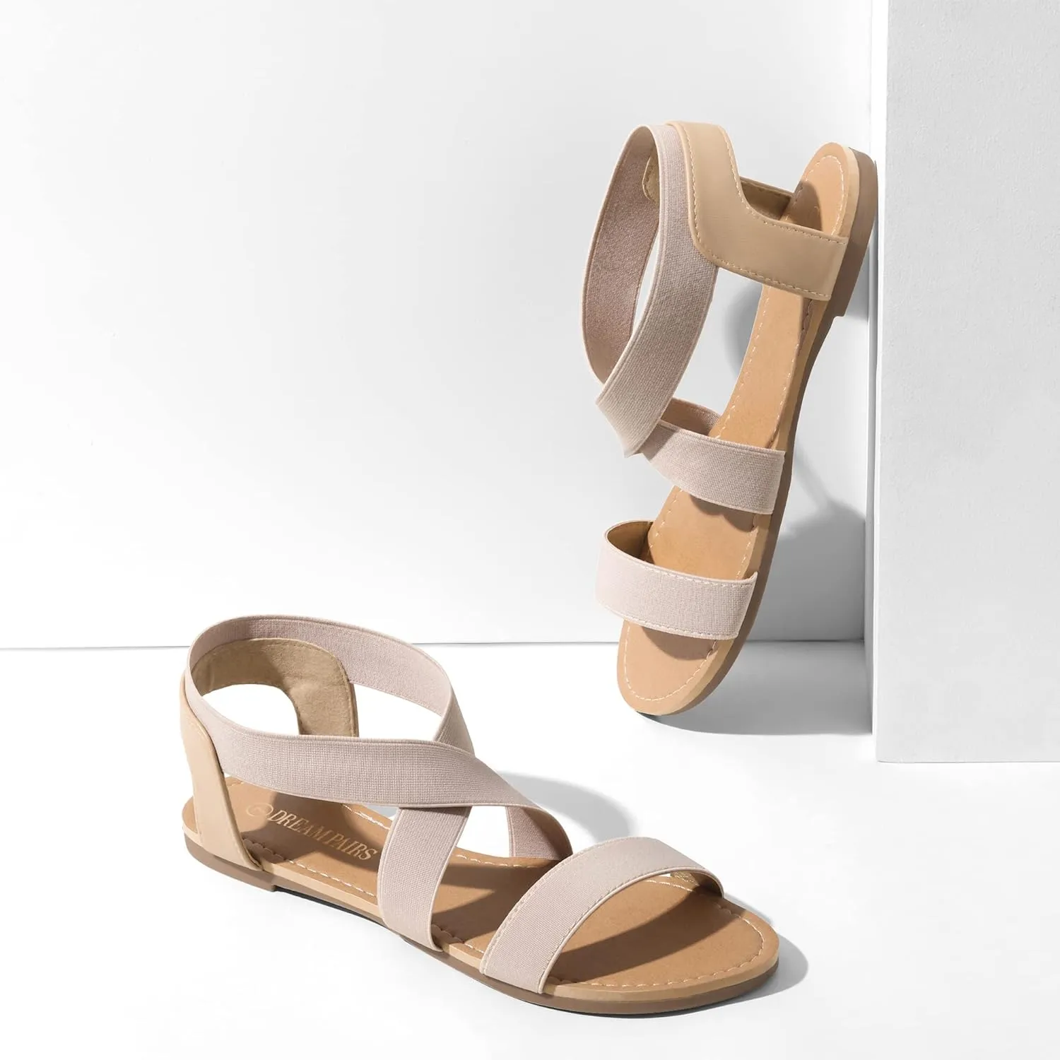 DREAM PAIRS Women's Elastic Ankle Strap Flat Sandals Summer Dressy Shoes Cute Strappy Gladiator Sandals