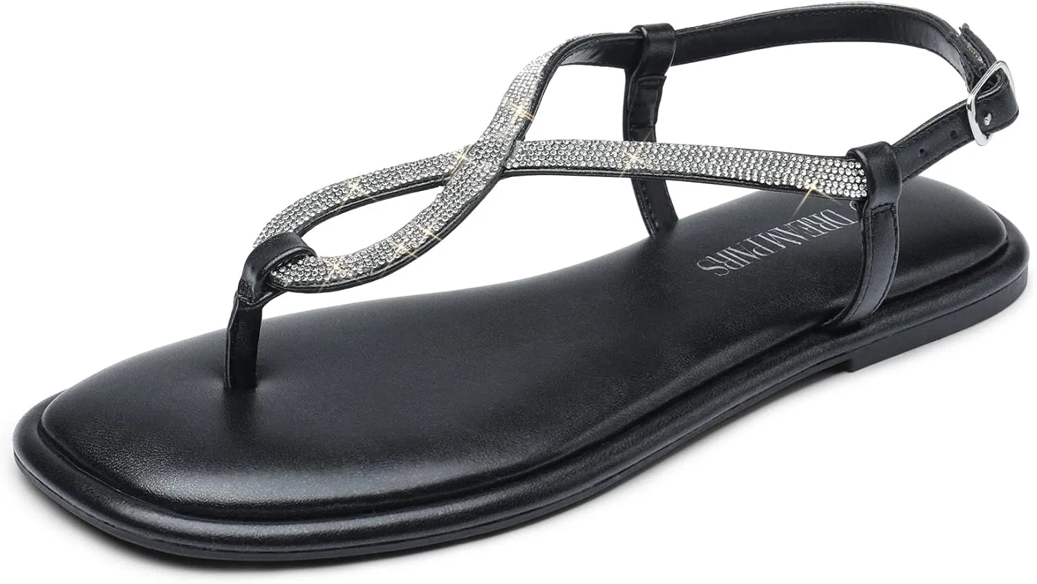 DREAM PAIRS Women's Flat Sandals Fashion Rhinestone Flat Sandals with Ankle Strap for Summers Dress Casual